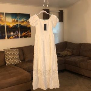 Off Shoulder  Lace Semi Sheer Smocked Maxi Dress